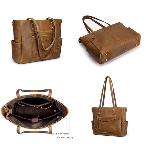 S-Zone Distressed Genuine Leather Tote Bag Cowhide Leather Laptop Travel Bag - Picture 2 of 16